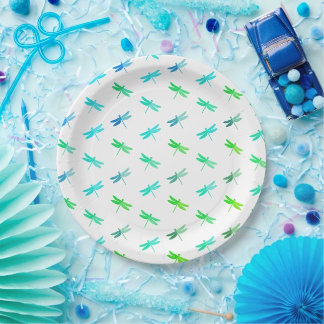 Dragonfly Green and Blue Birthday  Paper Plate (Party)