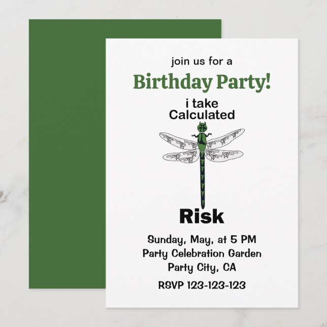 Dragonfly I Take Calculated Risk Funny Birthday Invitation (Front/Back)