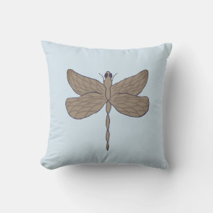 Dragonfly Illustration Blue and Tan Cushion