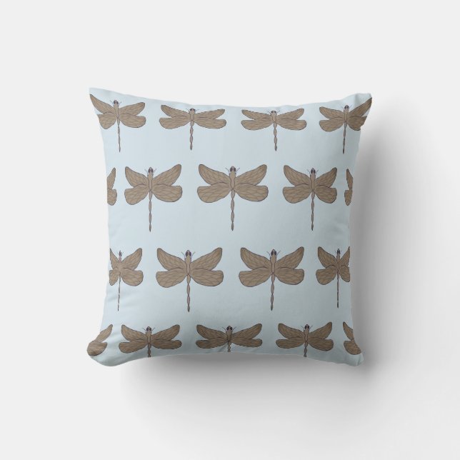 Dragonfly Illustration Pattern Blue and Tan Cushion (Front)