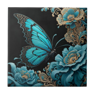 Dragonfly in a floral garden at night ceramic tile