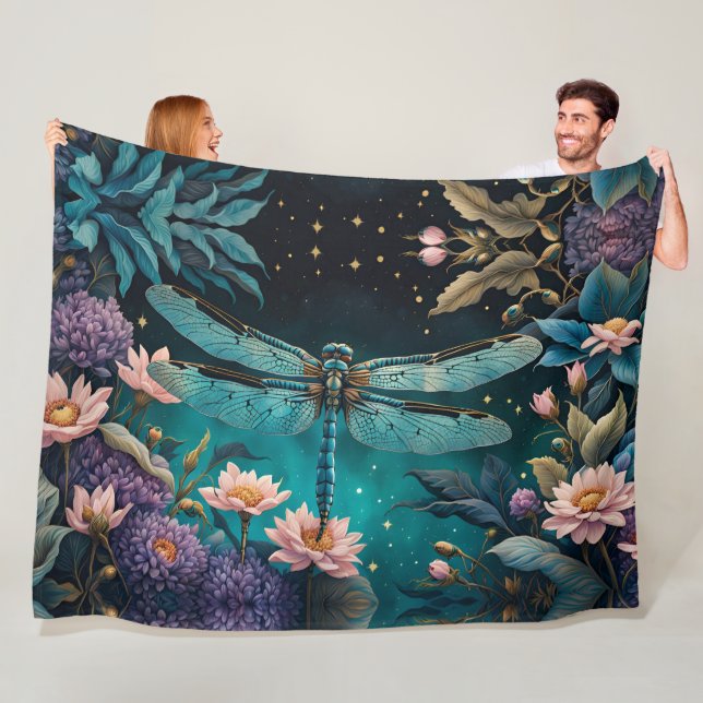 Dragonfly in a floral garden at night fleece blanket (In Situ)