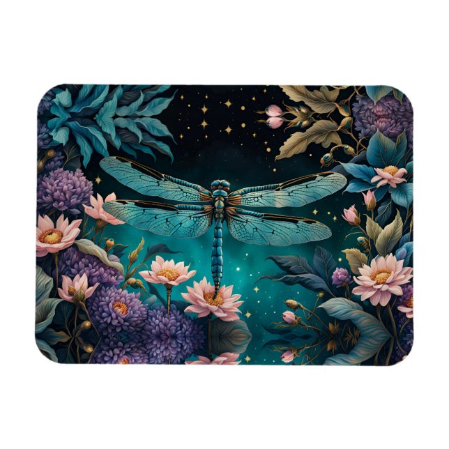 Dragonfly in a floral garden at night magnet (Horizontal)