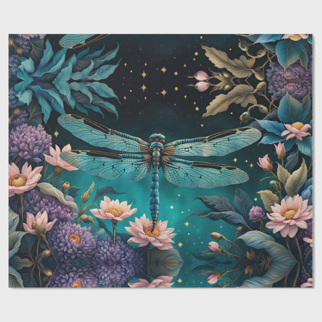 Dragonfly in a floral garden at night wrapping paper (Flat)