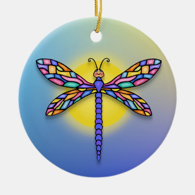 Dragonfly - in blues (round) ceramic ornament (Front)