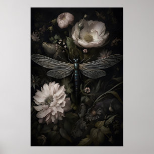 Dragonfly in Dark Floral Garden Print, Moody Poster