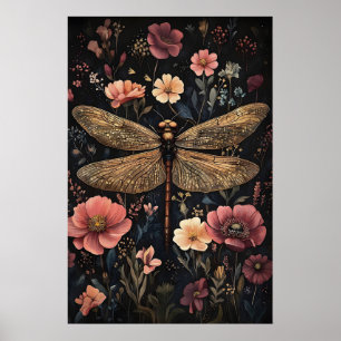 Dragonfly In Dark Flower Garden, Moody Dragonfly Poster