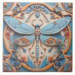 Dragonfly in Decorative Blue and Golden Yellow Ceramic Tile<br><div class="desc">golden yellow blue dragonflies bugs, vintage antique bug decor, stylish dragonfly insects art, classic dragon flies, beautiful light blue nature, ceramic tile art decor, , flying insect flight bug, ,  "traditional wings painting",  ""native american inspired art"</div>