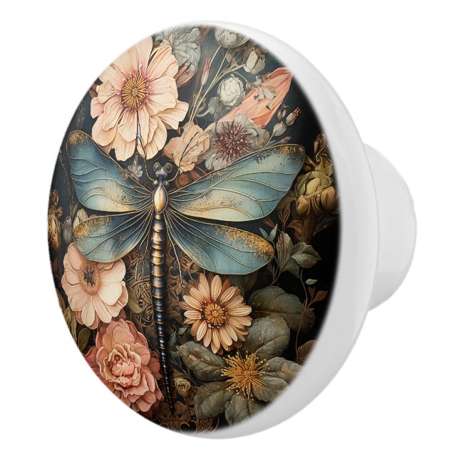 Dragonfly in Flowers Ceramic Knob (Right)