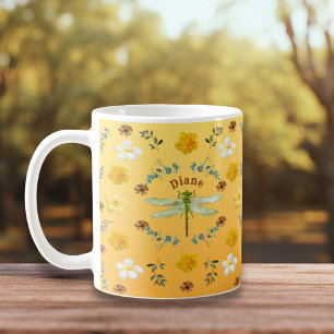 Dragonfly in Gold, Green, Yellow Flowers Coffee Mug