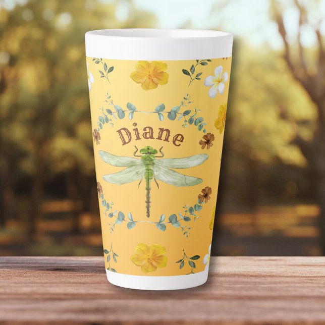 Dragonfly in Gold, Green, Yellow Flowers Latte Mug (Creator Uploaded)