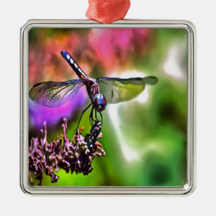 Dragonfly In Green and Blue Realistic Painting Metal Ornament