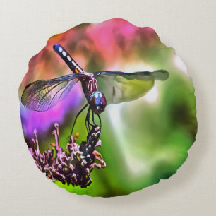 Dragonfly In Green and Blue Realistic Painting Round Cushion