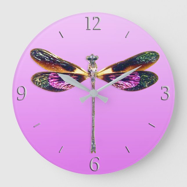 Dragonfly  in Silver, Gold, Purple and Black Large Clock (Front)