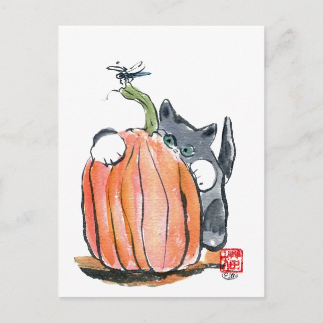Dragonfly Leads Kitten Through the Pumpkin Patch Postcard (Front)