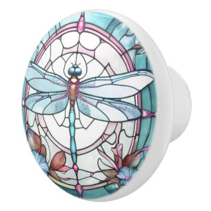 Dragonfly Light Blue and White Stained Glass Ceramic Knob