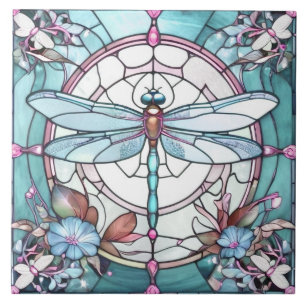 Dragonfly Light Blue and White Stained Glass Ceramic Tile