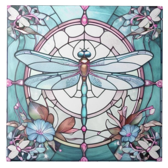 Dragonfly Light Blue and White Stained Glass Ceramic Tile (Front)