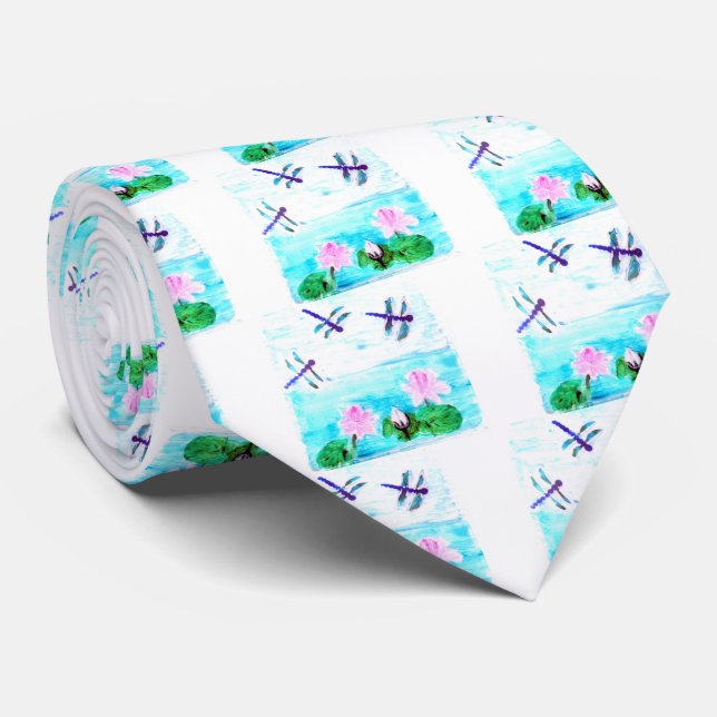 Dragonfly, Lilly Flowers Pond Tie (Rolled)
