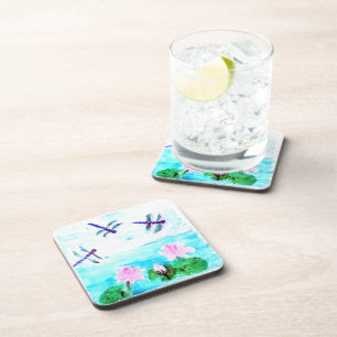 Dragonfly, Lily Flowers Pond Painting Coaster
