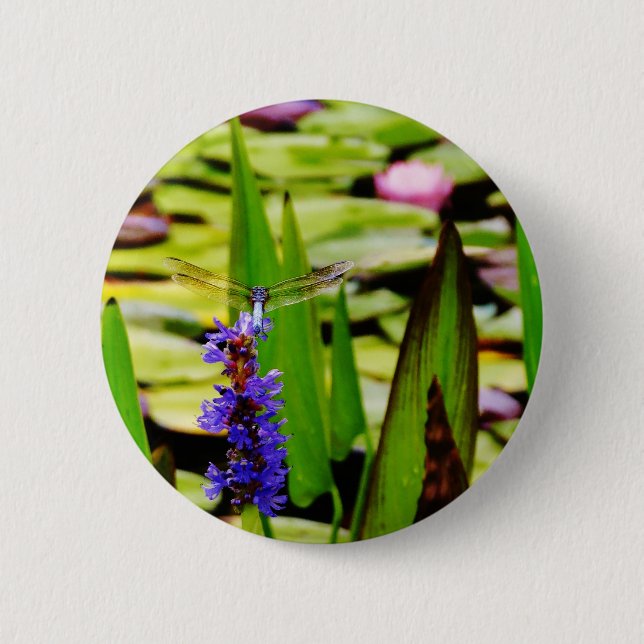 Dragonfly lotus and purple flower 6 cm round badge (Front)