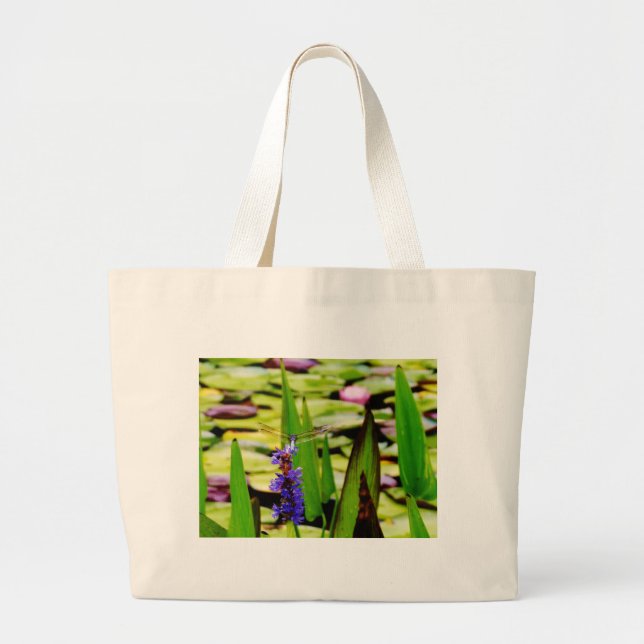 Dragonfly lotus and purple flower large tote bag (Front)