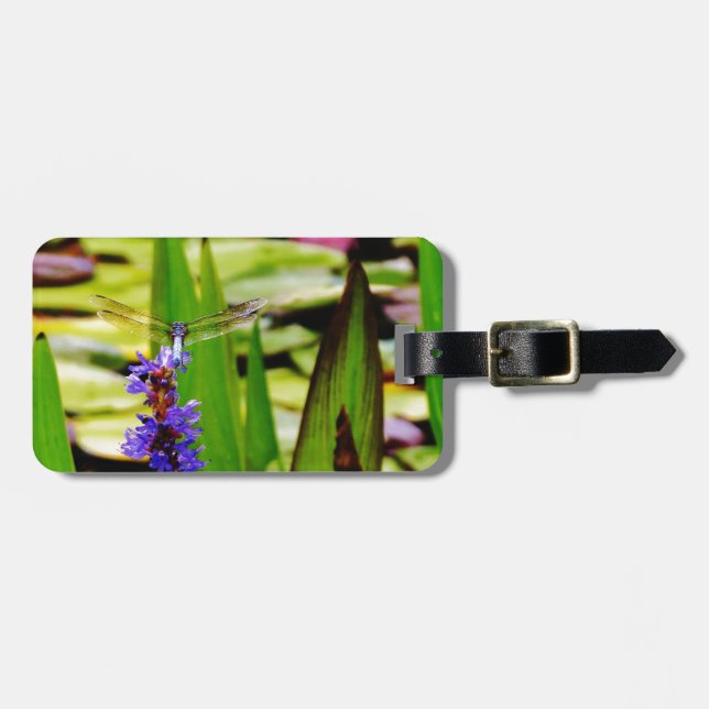 Dragonfly lotus and purple flower luggage tag (Front Horizontal)