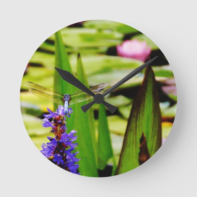 Dragonfly lotus and purple flower round clock (Front)