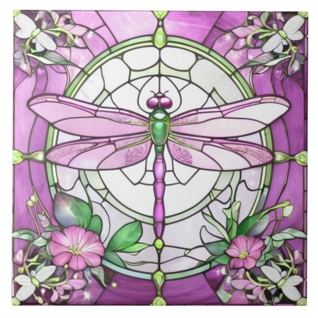 Dragonfly Magenta Pink and White Stained Glass Ceramic Tile (Front)