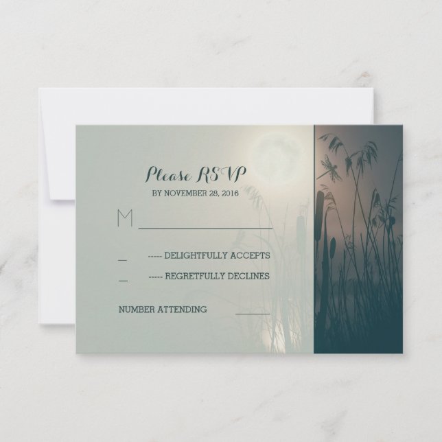 dragonfly marsh and full moon wedding RSVP Card (Front)