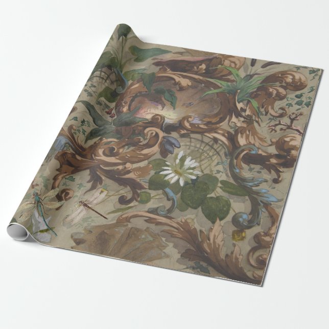 Dragonfly Marsh Cattail Lily French Wetland Ornate Wrapping Paper (Unrolled)