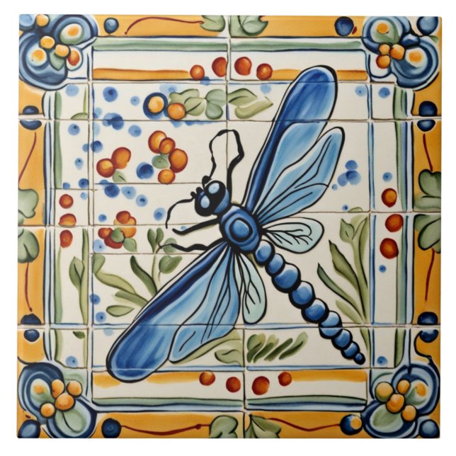 Dragonfly Mediterranean Insect Yellow & Blue Folk Ceramic Tile (Front)