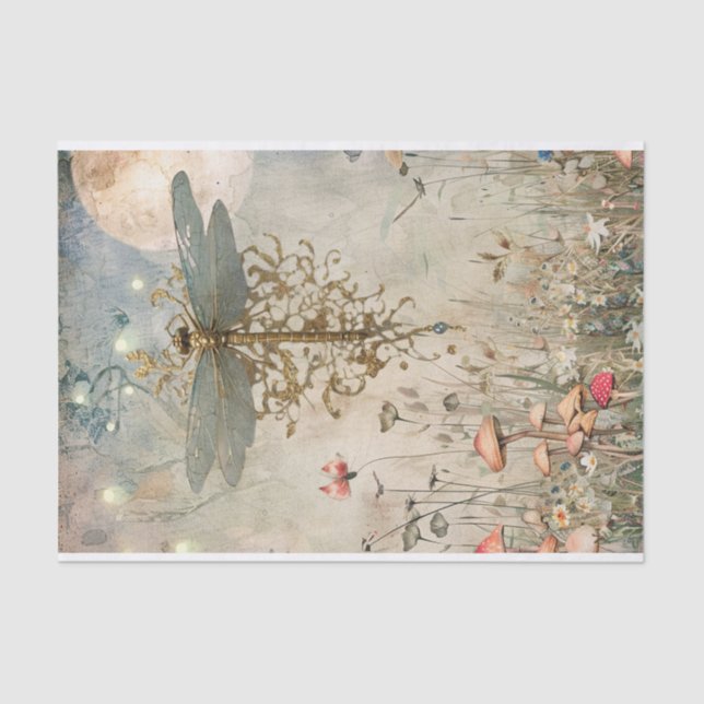 Dragonfly Moonlight in the Fairy Garden Decoupage Tissue Paper (Front)