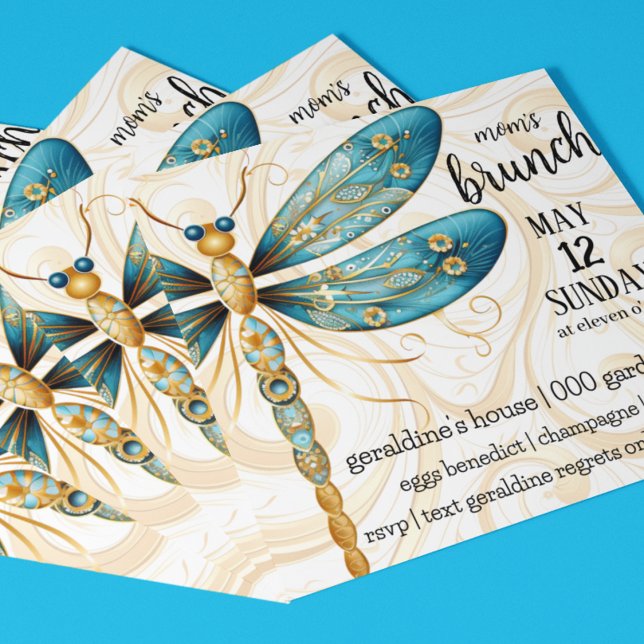 Dragonfly Mother's Day Brunch Invitation (Dragonfly in aqua and gold Mother's Day Brunch customizable invitation you can also download. )