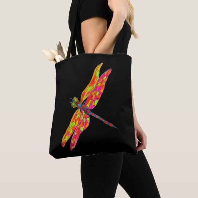 Dragonfly neon watercolor illustration tote bag (Close Up)