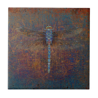 Dragonfly on a Distressed Multicolor Background Ceramic Tile