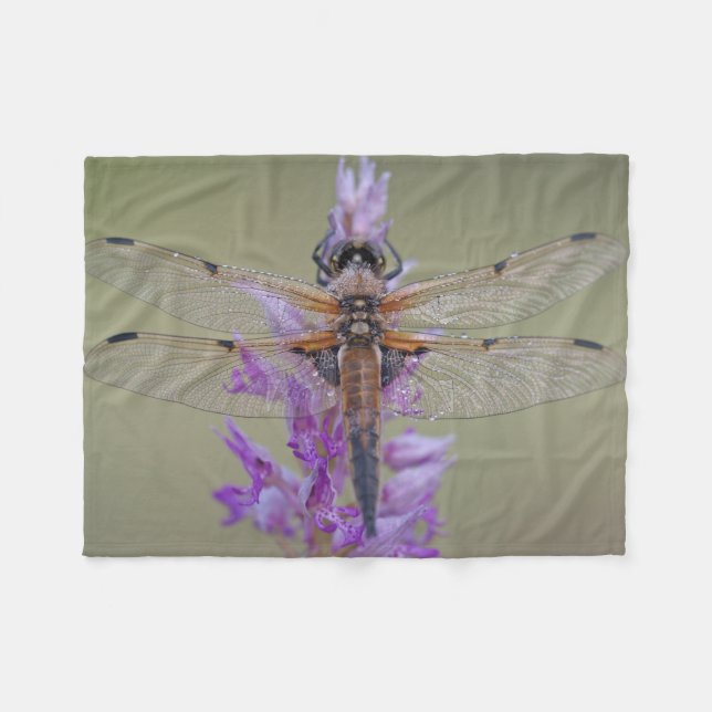 Dragonfly On Flower Fleece Blanket (Front (Horizontal))