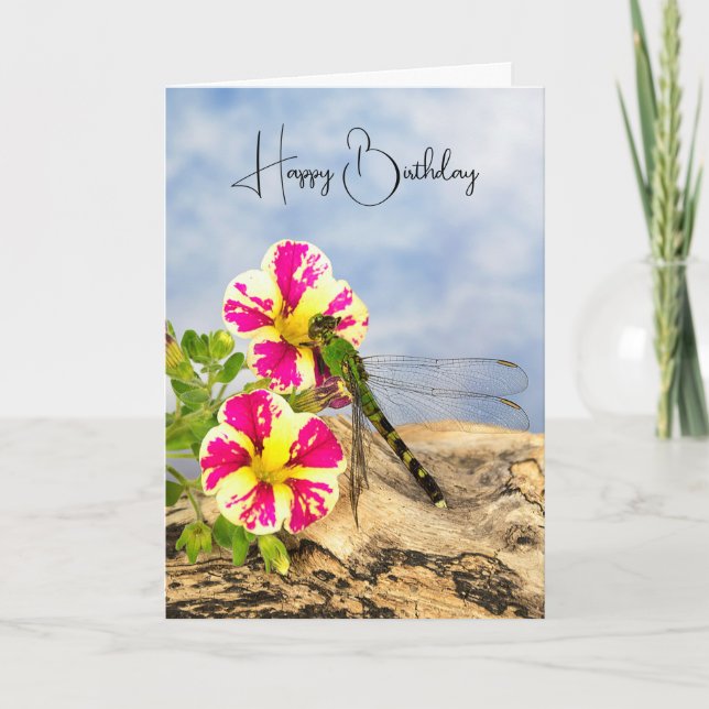 Dragonfly On Petunia Birthday Card (Front)