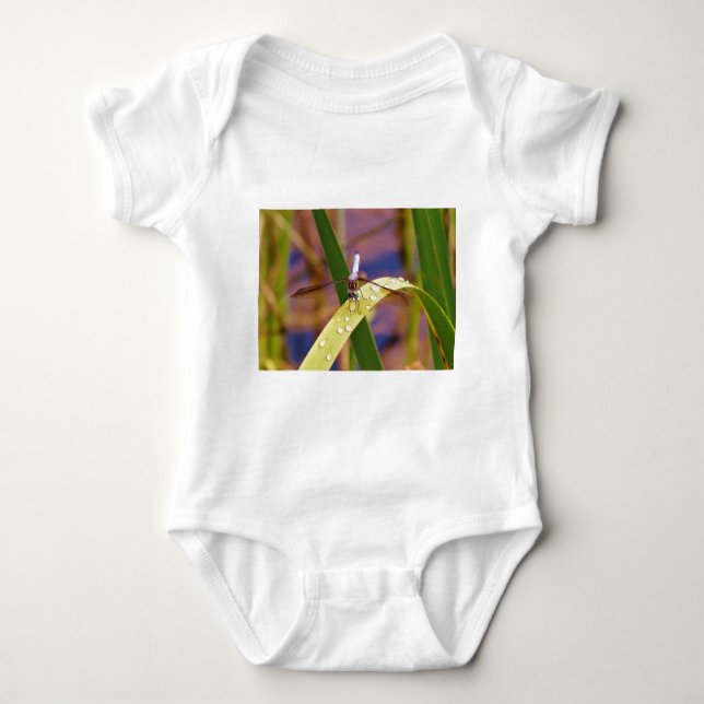 Dragonfly on raindrop leaf baby bodysuit (Front)