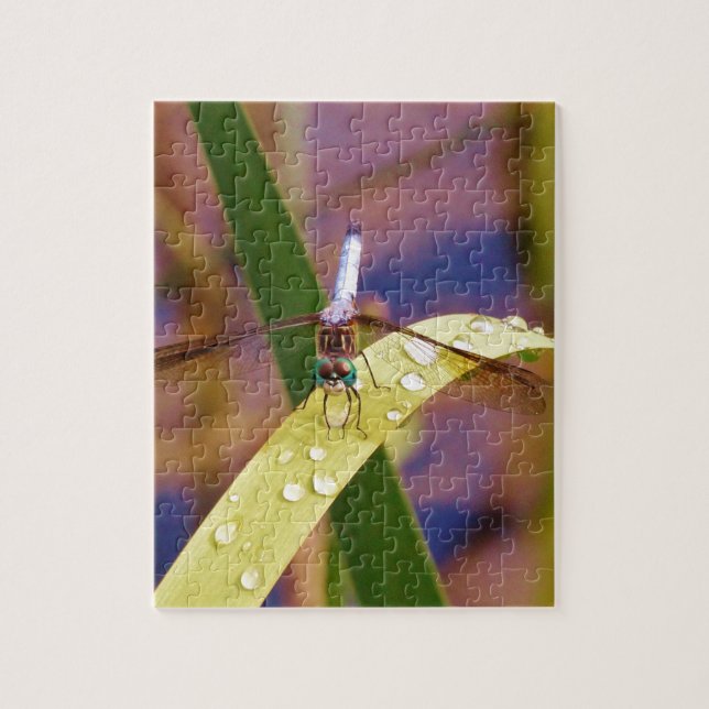 Dragonfly on raindrop leaf jigsaw puzzle (Vertical)