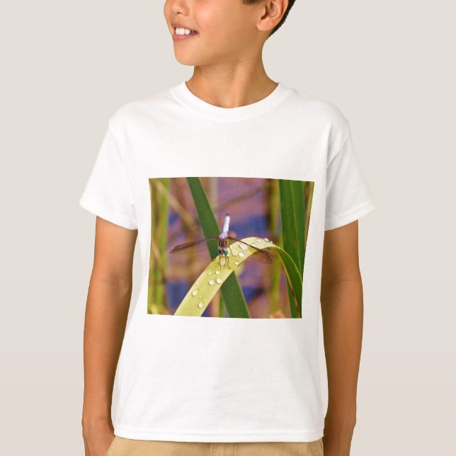 Dragonfly on raindrop leaf T-Shirt (Front)