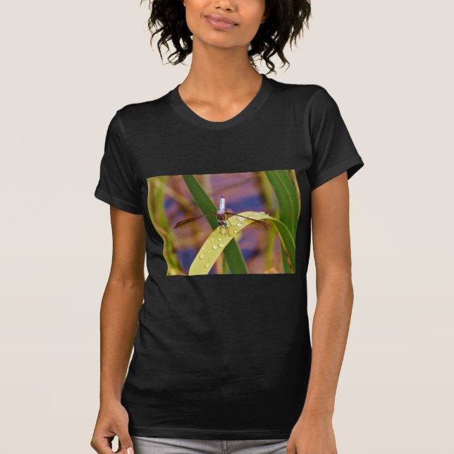 Dragonfly on raindrop leaf T-Shirt (Front)