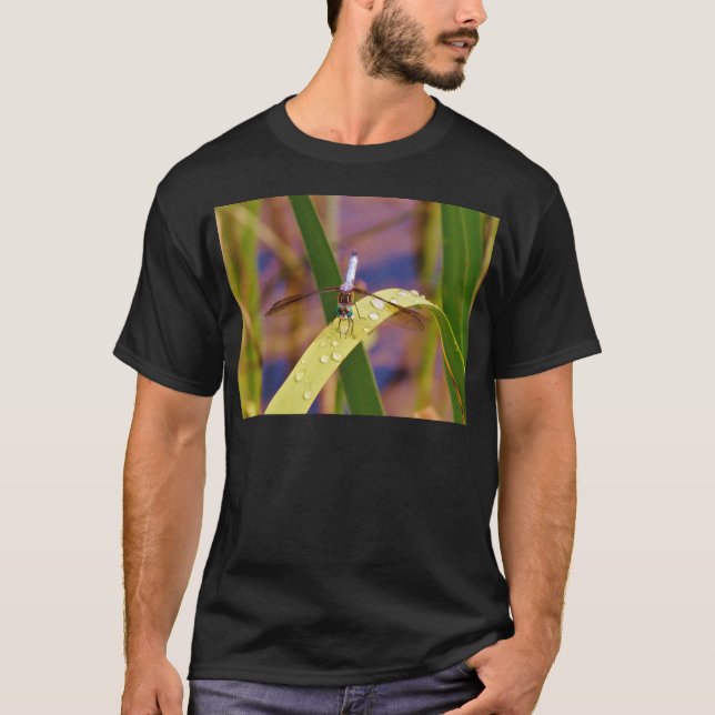Dragonfly on raindrop leaf T-Shirt (Front)
