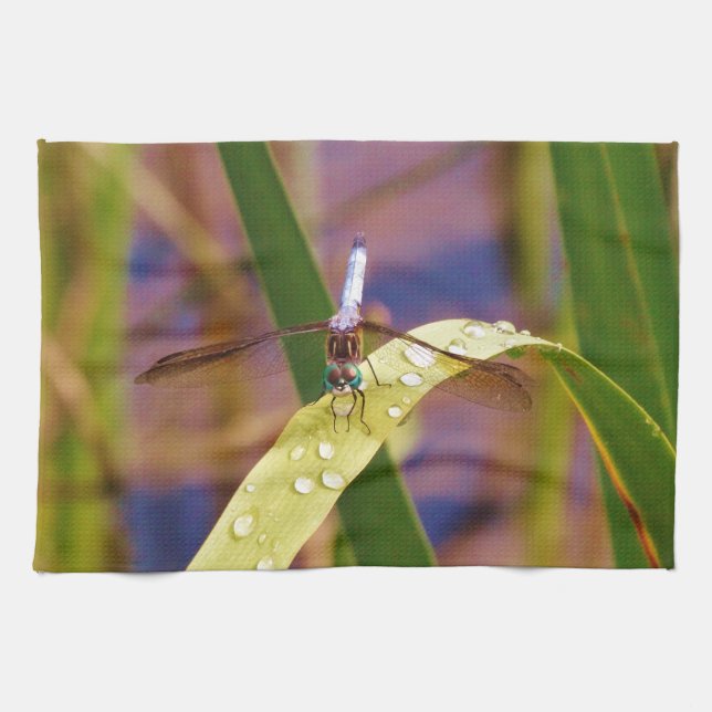 Dragonfly on raindrop leaf tea towel (Horizontal)