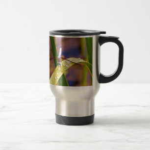 Dragonfly on raindrop leaf travel mug