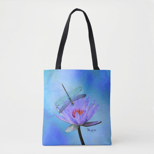 Dragonfly on Water Lily All-Over Print Tote Bag (Front)