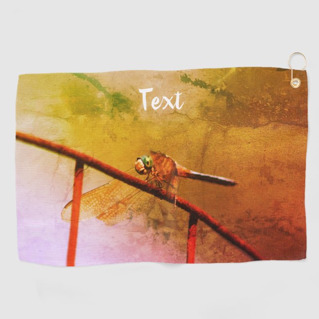 Dragonfly On Wire Fence Art Personalised Golf Towel (Horizontal)
