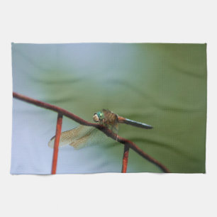 Dragonfly On Wire Fence Close Up Tea Towel