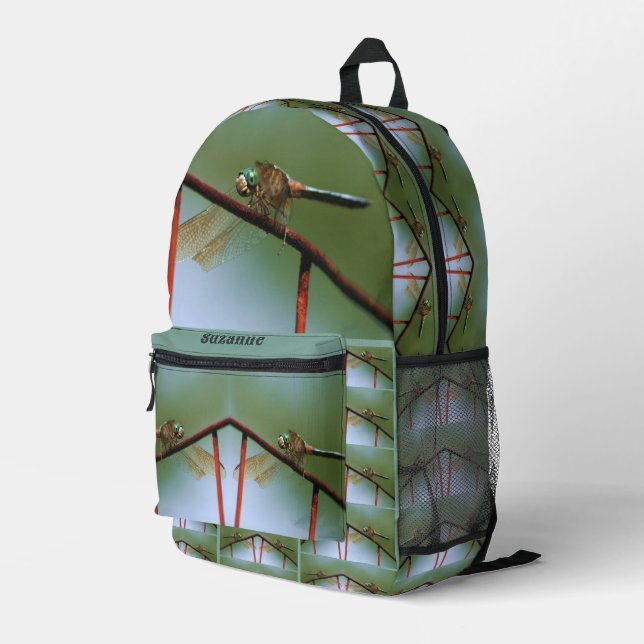 Dragonfly On Wire Fence Personalised Printed Backpack (Back Corner Right)