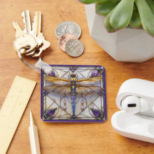 Dragonfly Pearls Amethyst Gold Mother of Pearl   Key Ring